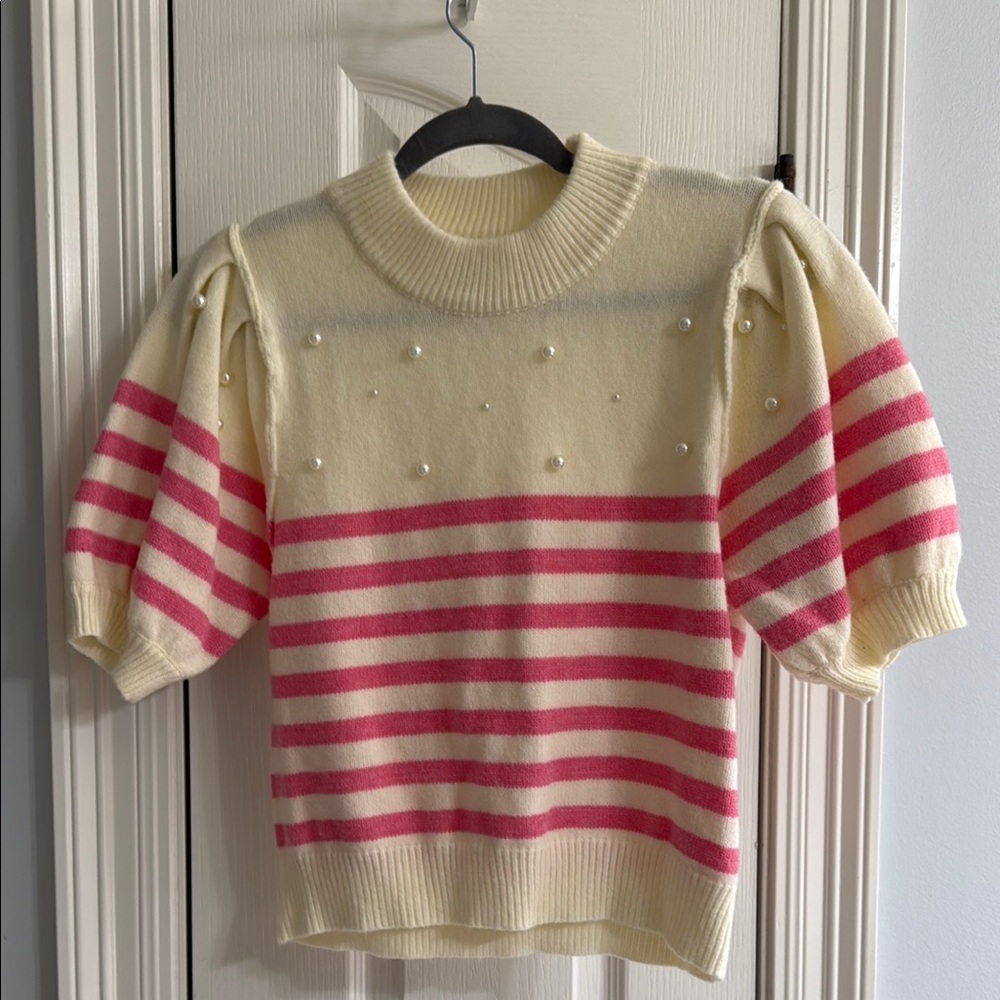 Peach Love California Pink and Cream Crew Neck Sweater